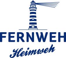 Fernweh Heimweh Logo mit Leuchtturm-Symbol in Blau.