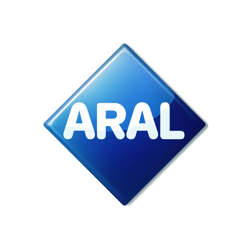 Blaues, rautenförmiges Symbol mit weißem Schriftzug "ARAL" in der Mitte.