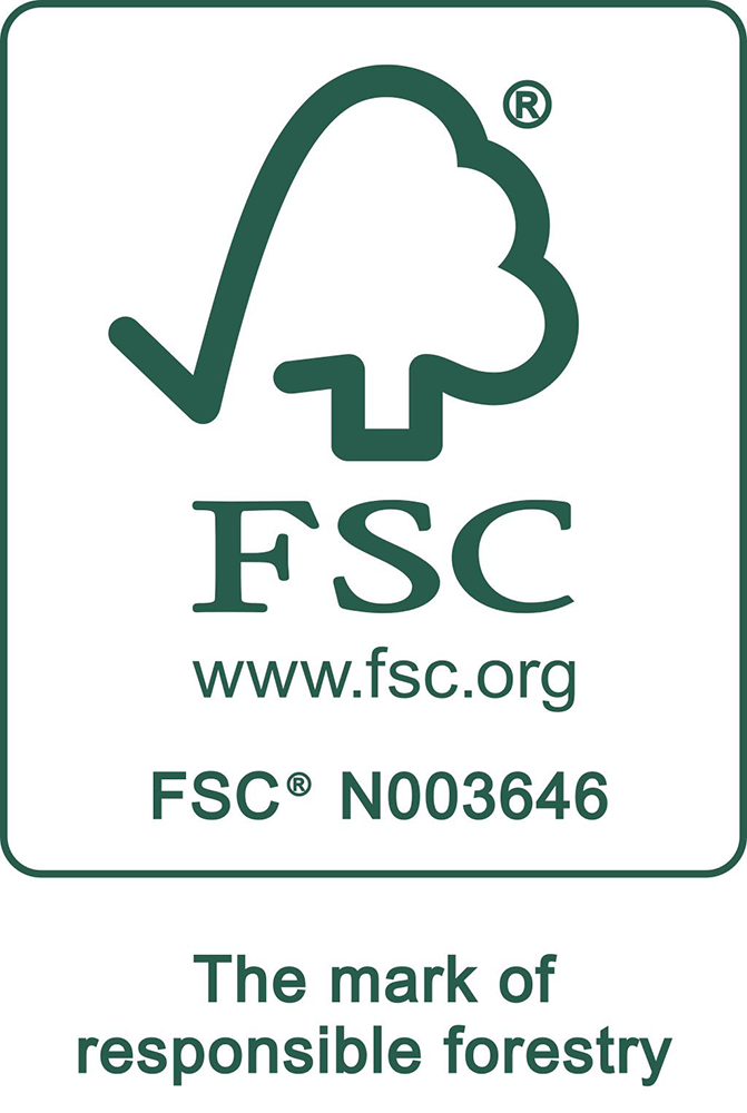 FSC-Logo mit Baum und Text: The mark of responsible forestry.