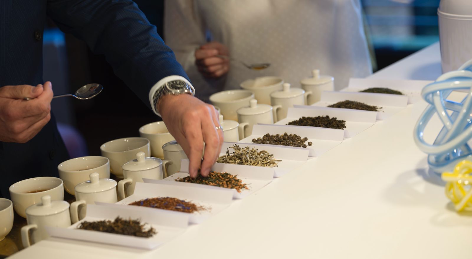 Hände löffeln Teeblätter aus kleinen Formen, mehrere Teeproben und Tassen.